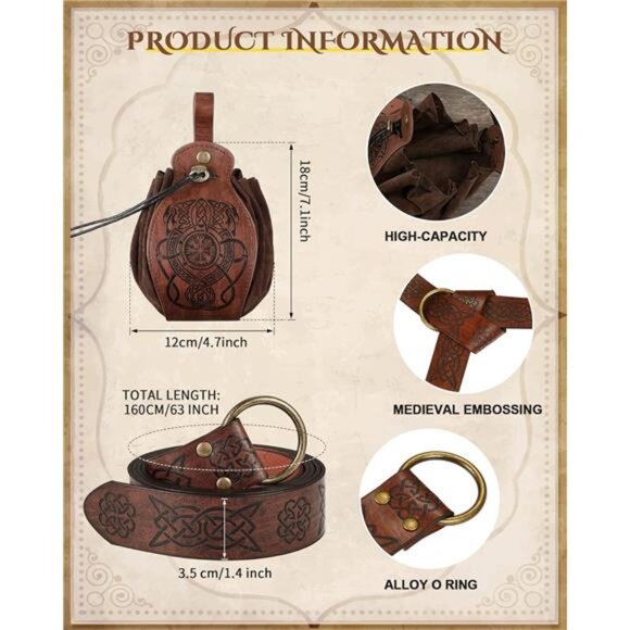 2 Pcs Medieval Viking Belt Leather Pouch Bag Embossed Renaissance Costume - Picture 2 of 7